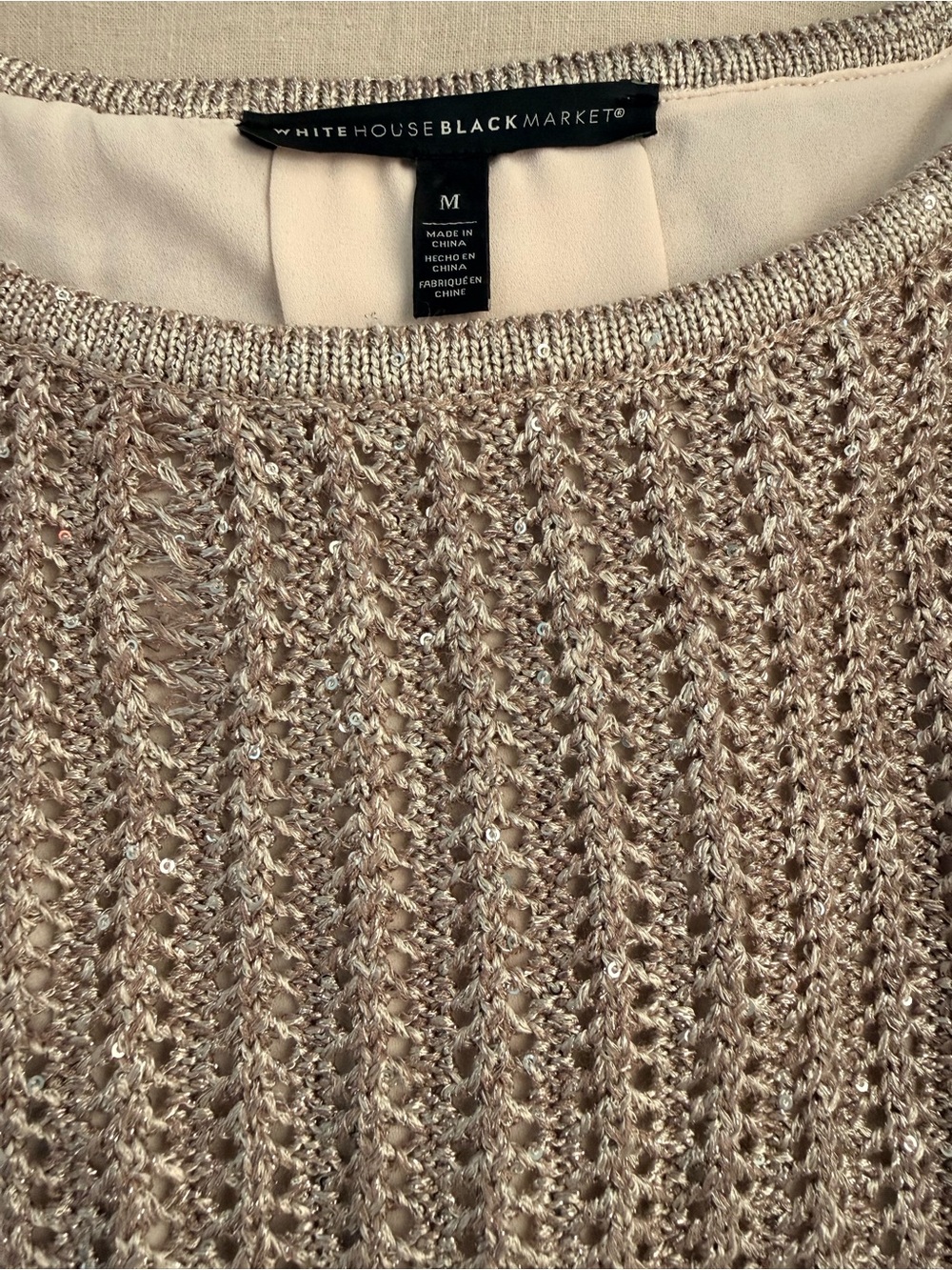 White House Black Market | Champagne Sequin Sweater | Split Back Chiffon Lining - Picture 13 of 14